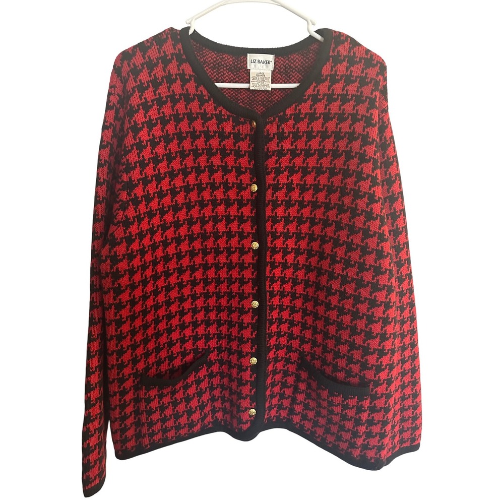 Liz Baker Womens Large Red Black‎ Houndstooth Button Front Cardigan Sweater